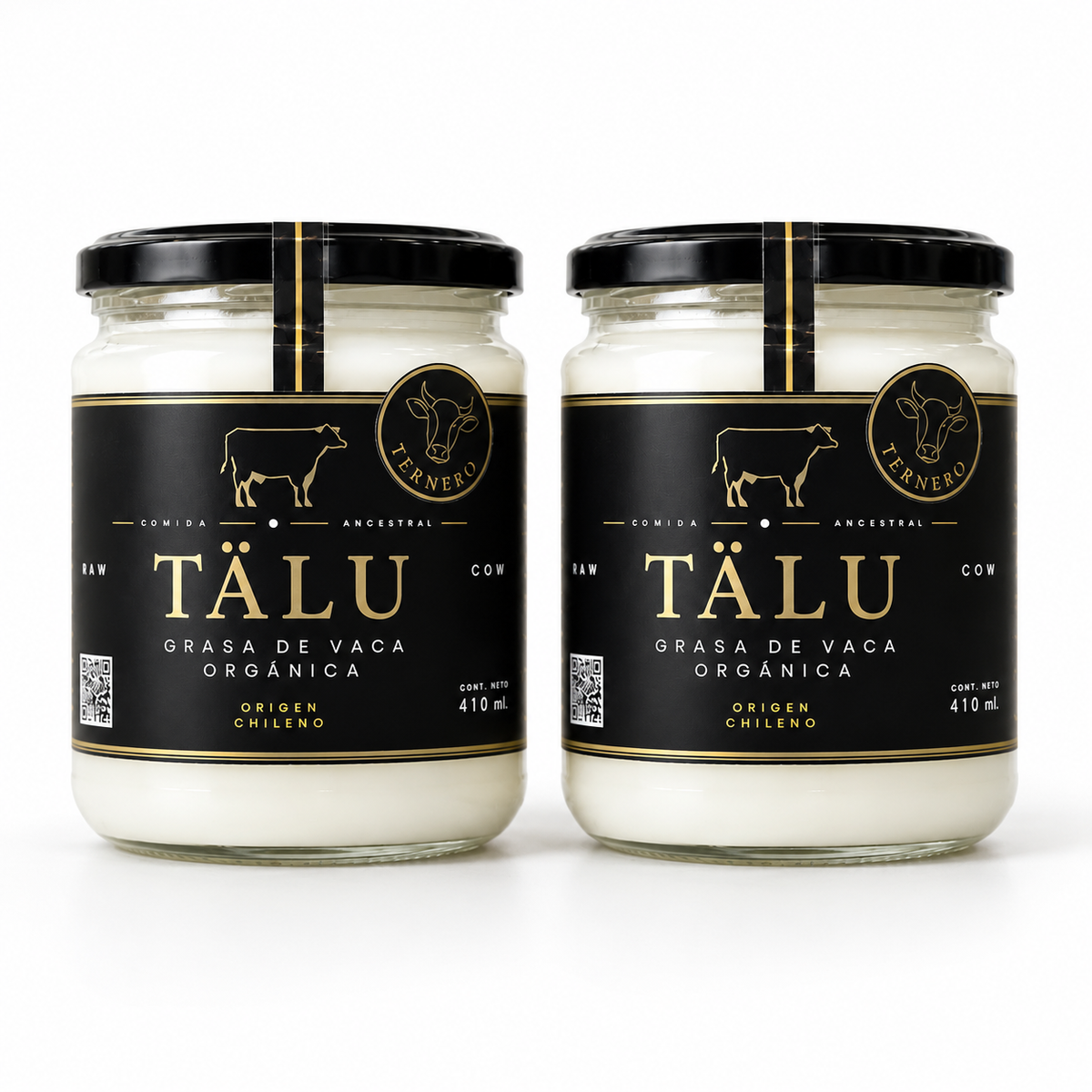 Dos frascos de grasa de ternero TÄLU de 410 ml sobre blanco.