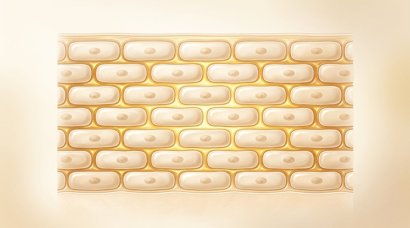 Ilustración de la barrera de la piel como un muro de ladrillos (las células) unidos por cemento dorado (los lípidos)